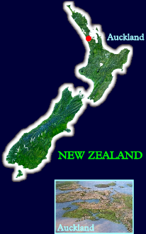 New Zealand, showing the three main islands: the North Island, the South Island, and tiny Stewart Island down at the bottom. The inset of Auckland below looks north-east across the city towards the Hauraki Gulf.