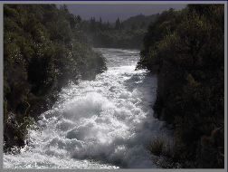 The Waikato River becomes a dramatic torrent above the Huka Falls, in the centre of the North Island.