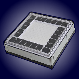 An Infinity Solar-Light Tile, showing the depth of the casing, which contains the ultracapacitors and control-circuitry. The dark squares round the perimeter are the solar cells. The LEDs are in the centre. Click for a PDF of technical specifications